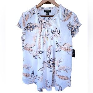 NWT White Peach Paisley Peasant Blouse Liz Claiborne Ruffle Tie Neck size Medium